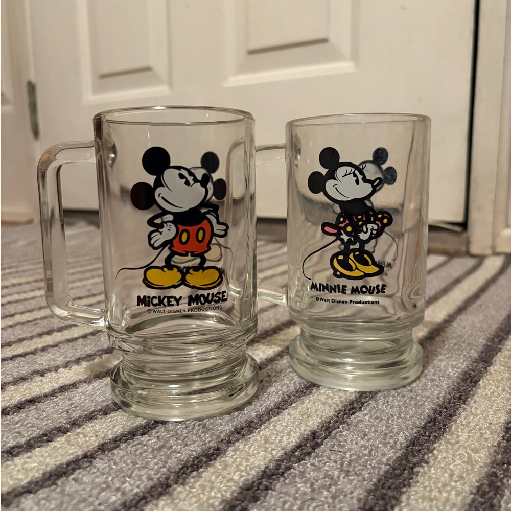 1980s Vintage Mickey & Minnie Glass Mugs